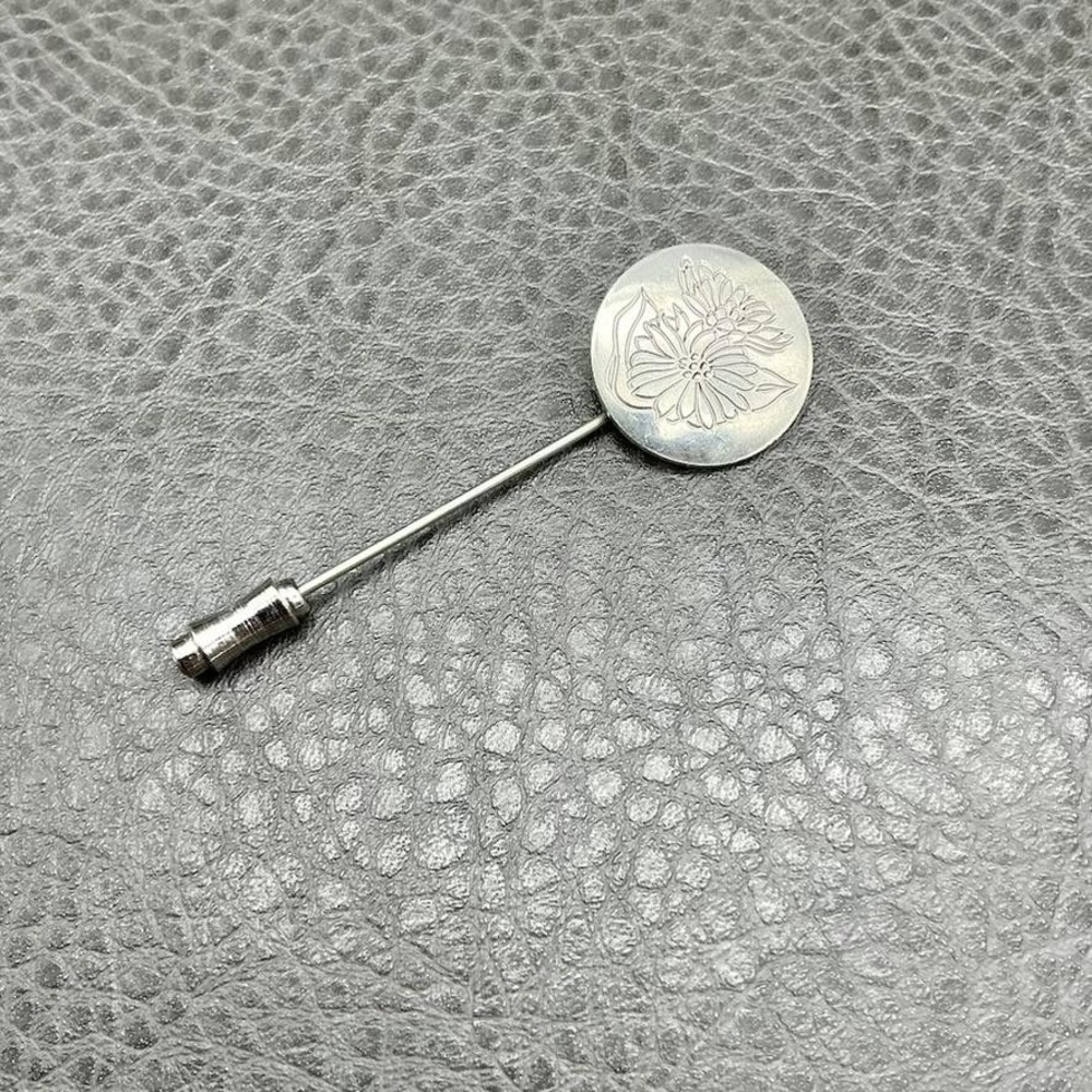 Kirk Pewter Stick Pin Engraved Floral Silver Tone 2.25" Hat Lapel Womens Fashion